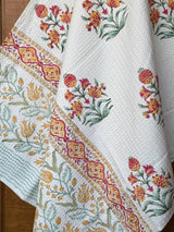 Floral Bloom Handblock Printed Waffle Weave Cotton Towel Set (1 Bath, 2 Hand)