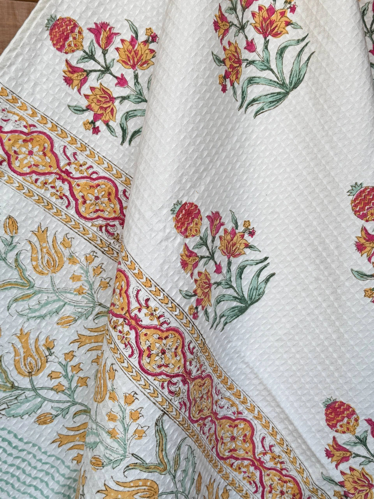 Floral Bloom Handblock Printed Waffle Weave Cotton Towel Set (1 Bath, 2 Hand)