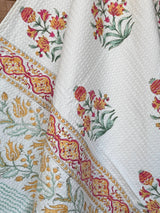 Floral Bloom Handblock Printed Waffle Weave Cotton Towel Set (1 Bath, 2 Hand)