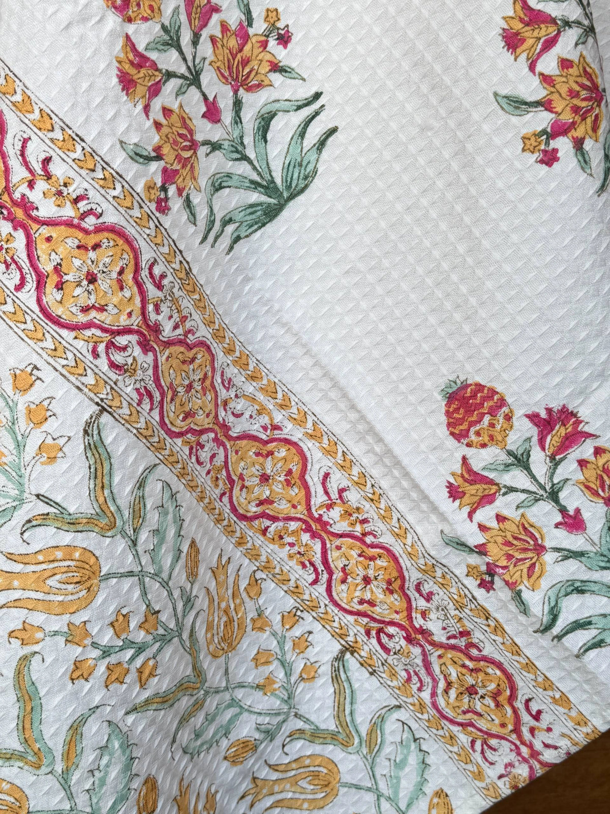 Floral Bloom Handblock Printed Waffle Weave Cotton Towel Set (1 Bath, 2 Hand)