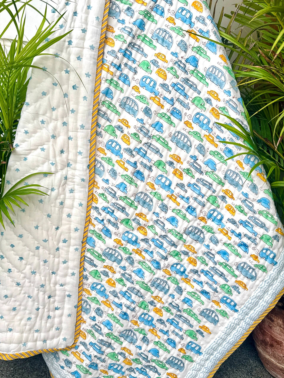Blue Car Print Reversible Layered Kids Quilt