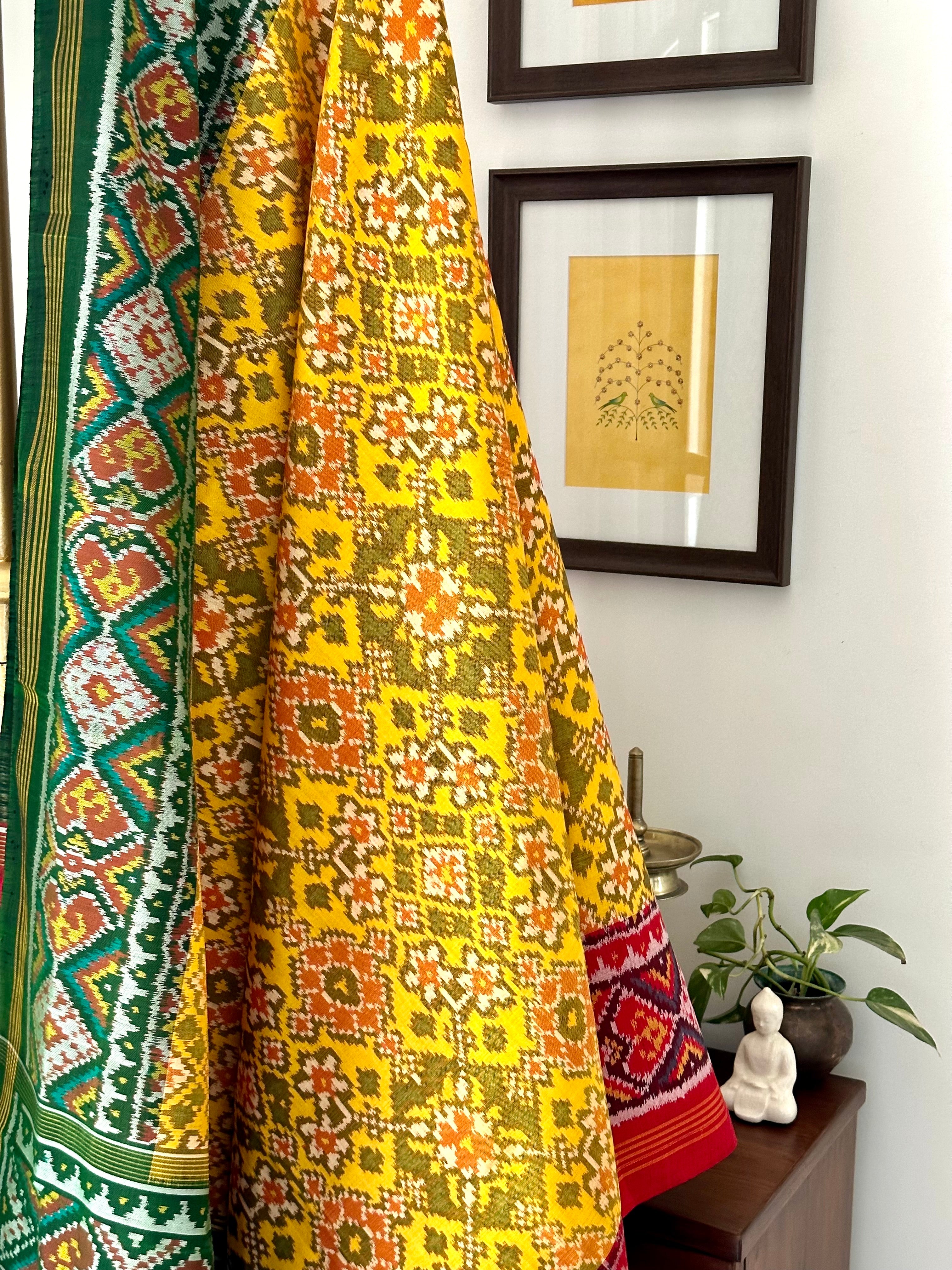 Yellow, Red and Green Handloom pure silk single ikat/patola dupatta