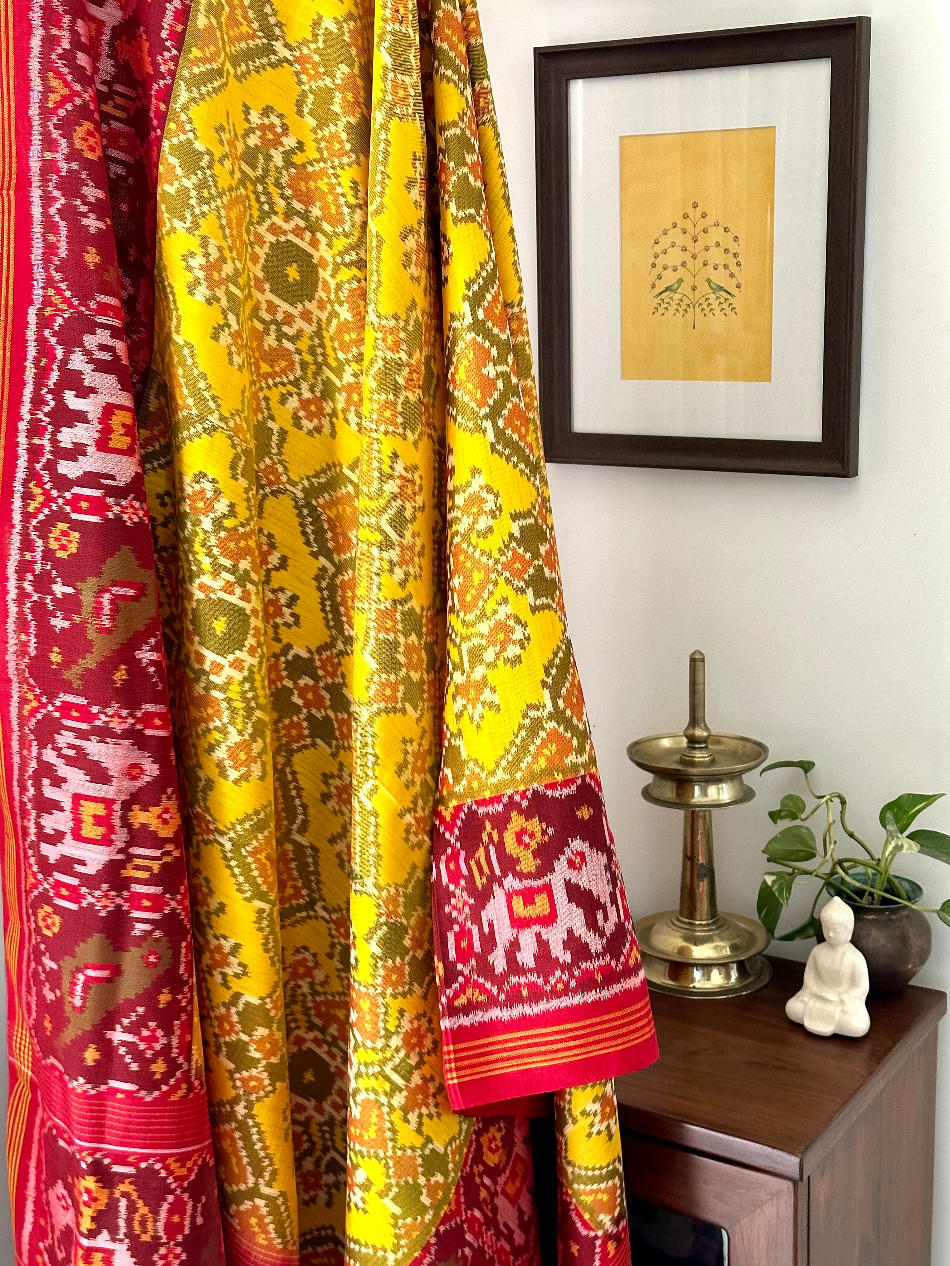 Yellow and Red Handloom pure silk single ikat/patola dupatta
