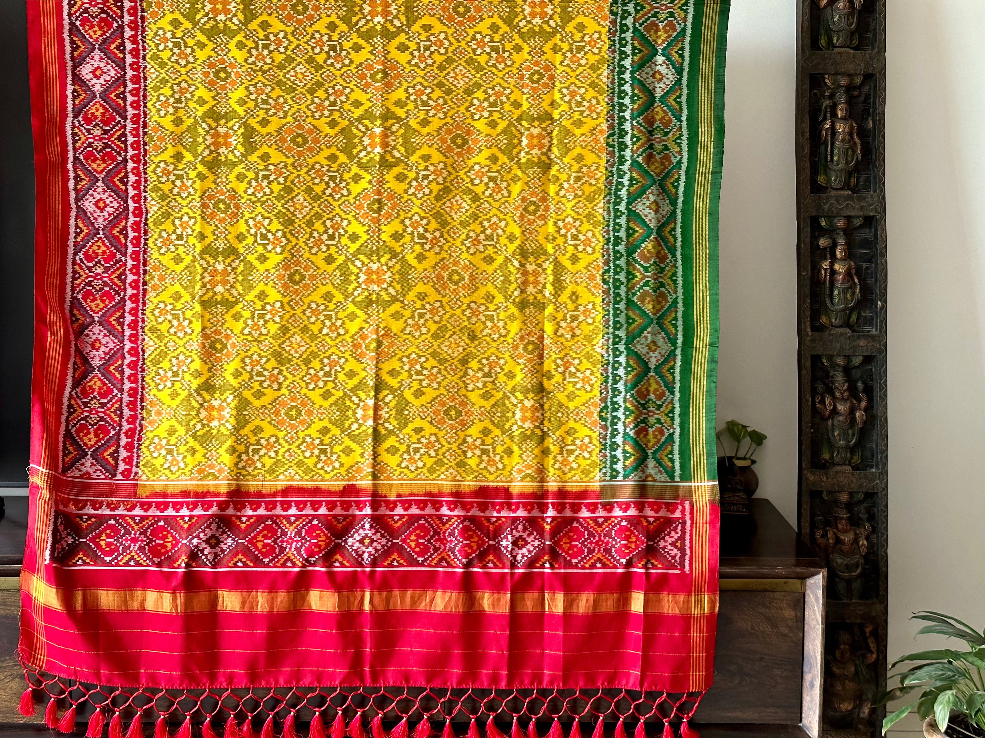 Yellow, Red and Green Handloom pure silk single ikat/patola dupatta