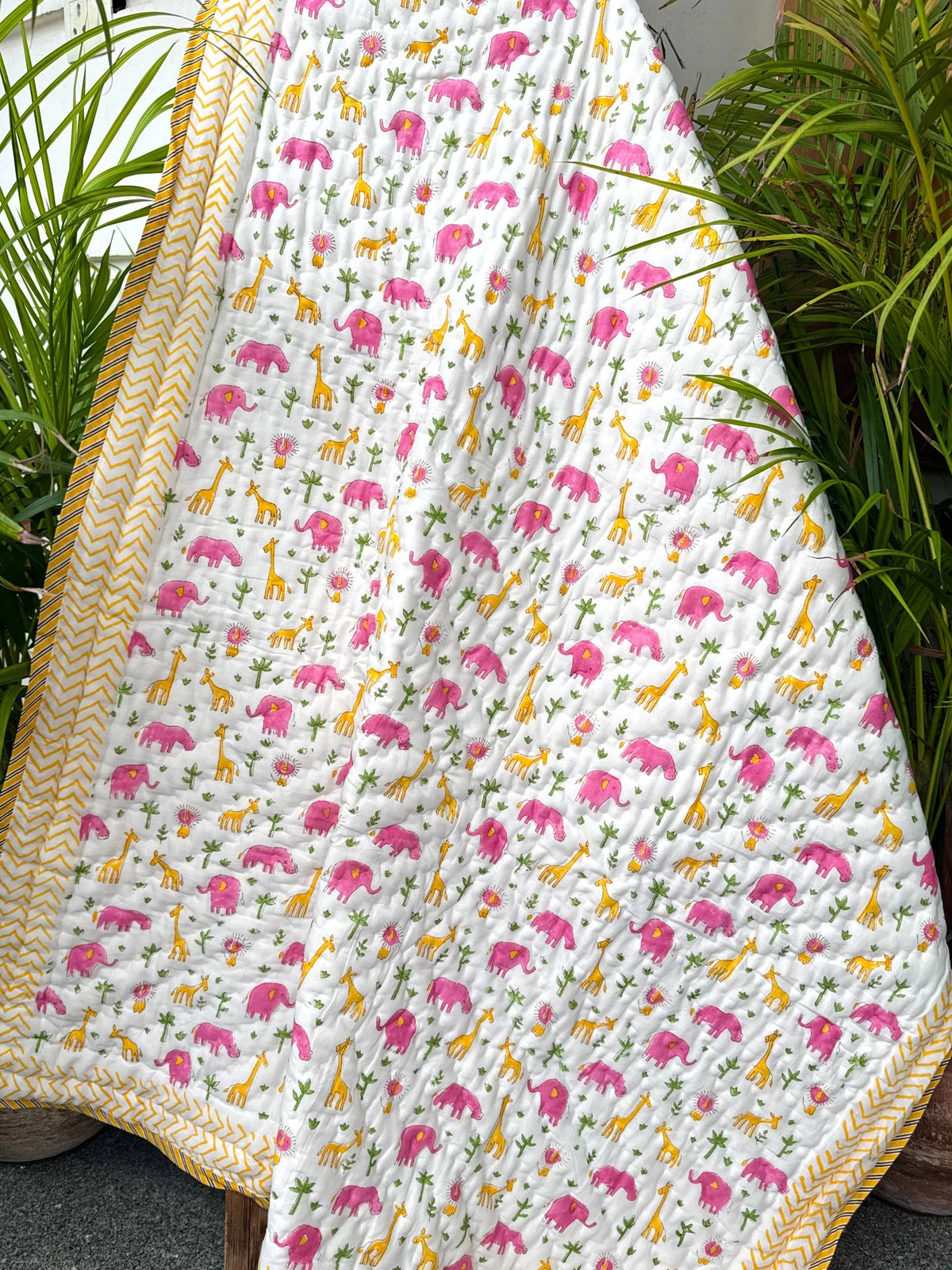 Pink Elephant & Giraffe Reversible Layered Kids Quilt