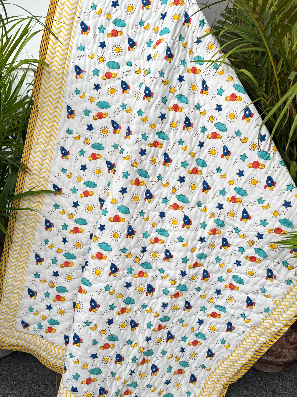 Space Explorer Handblock Printed Layered Kids Quilt