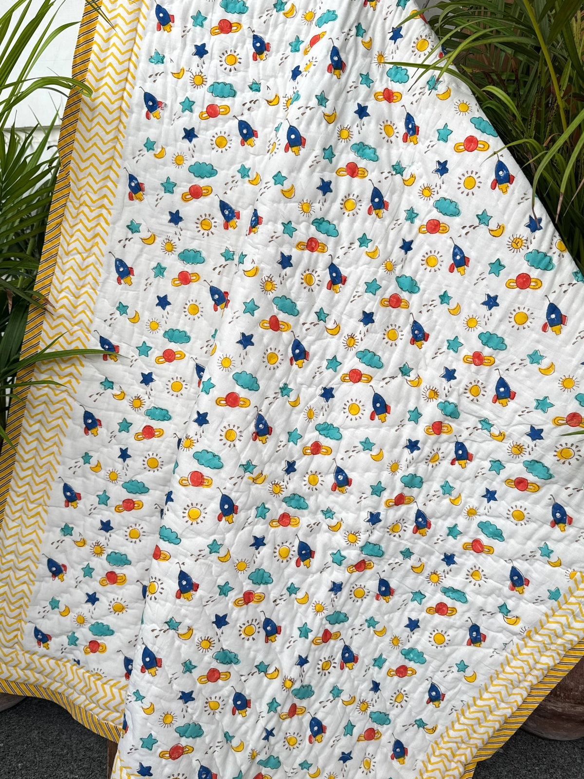Space Explorer Handblock Printed Layered Kids Quilt