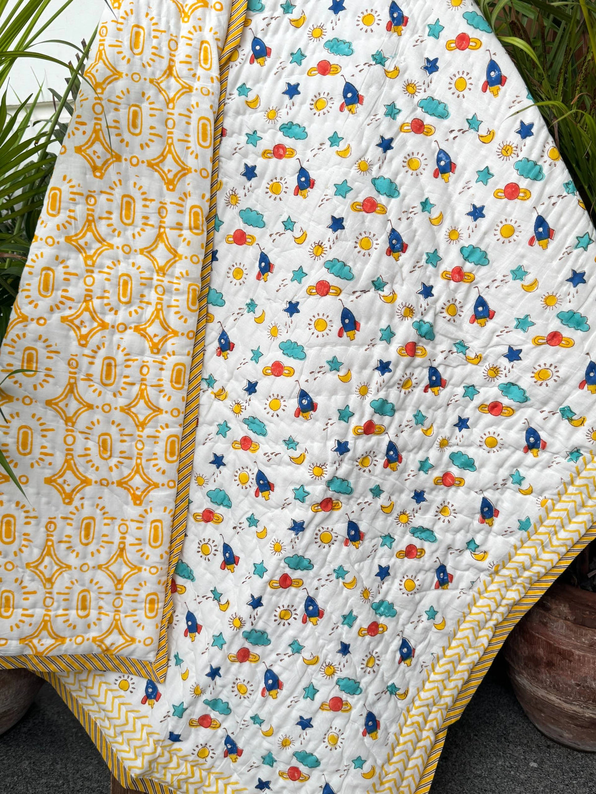 Space Explorer Handblock Printed Layered Kids Quilt