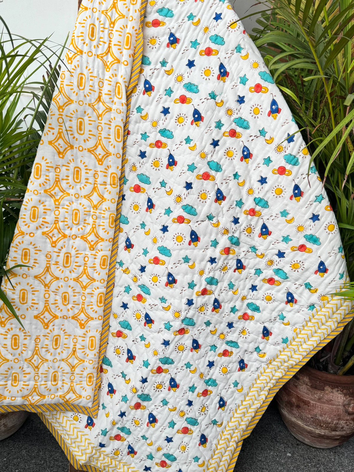 Space Explorer Handblock Printed Layered Kids Quilt