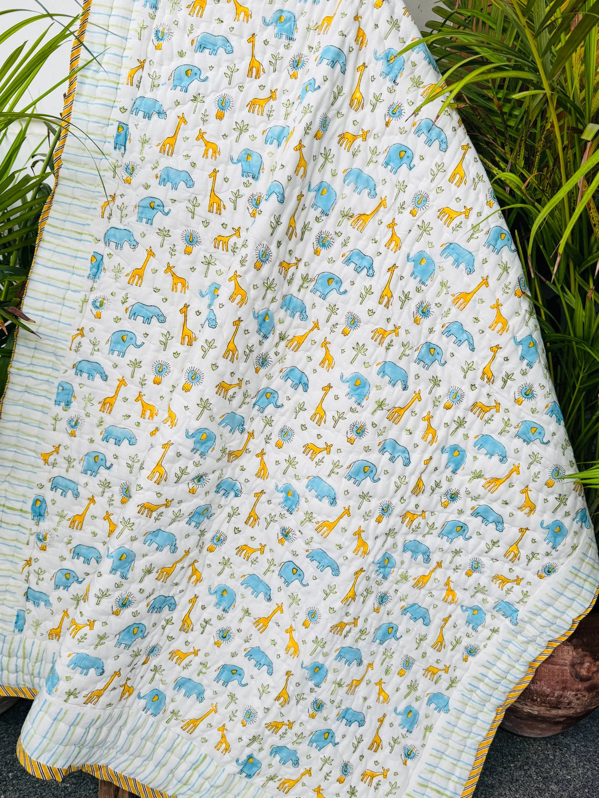 Blue Elephant & Giraffe Jungle Tales Handblock Printed Layered Kids Quilt