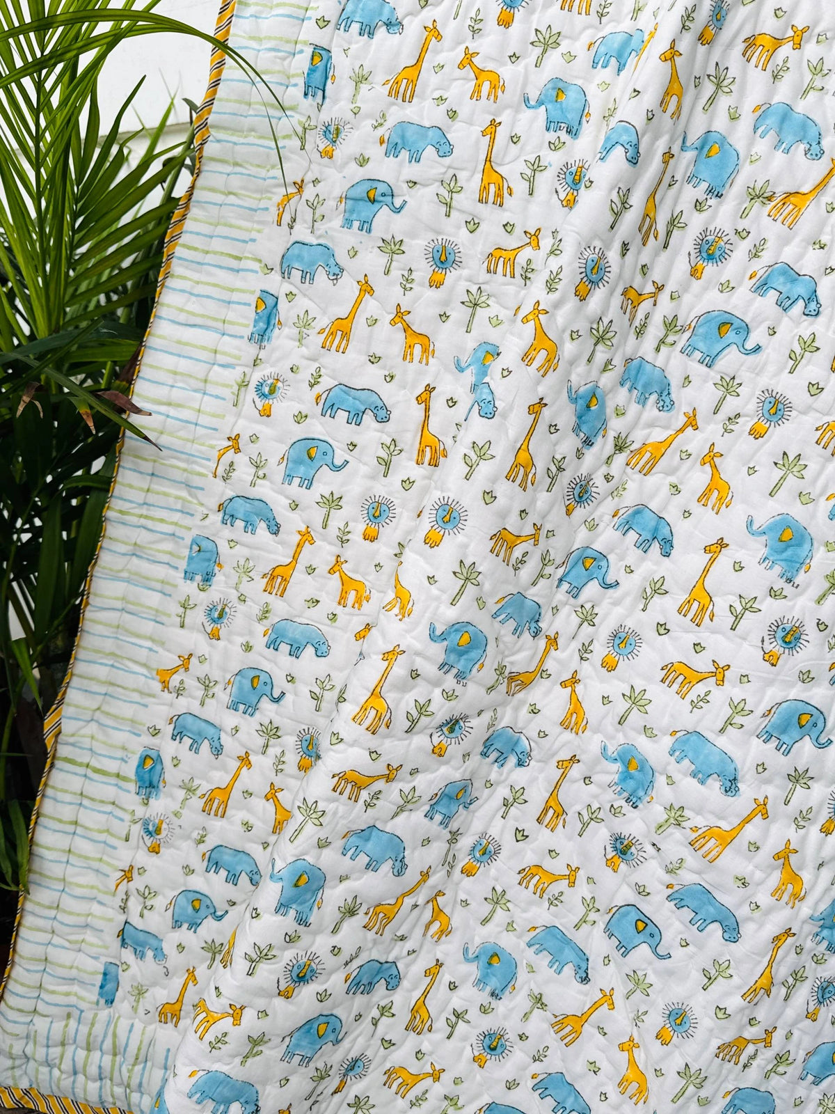 Blue Elephant & Giraffe Jungle Tales Handblock Printed Layered Kids Quilt