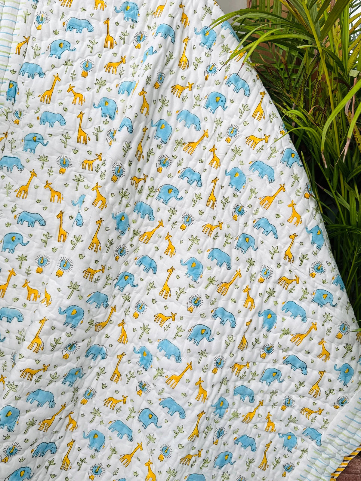 Blue Elephant & Giraffe Jungle Tales Handblock Printed Layered Kids Quilt