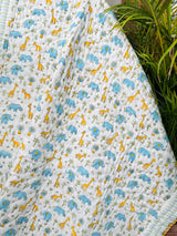 Blue Elephant & Giraffe Jungle Tales Handblock Printed Layered Kids Quilt