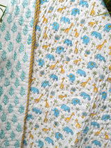 Blue Elephant & Giraffe Jungle Tales Handblock Printed Layered Kids Quilt