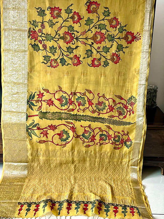 Tree of Life Theme Pattu Silk Kalamakari Saree in Yellow Colour