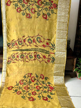 Tree of Life Theme Pattu Silk Kalamakari Saree in Yellow Colour