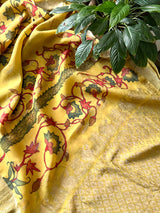 Tree of Life Theme Pattu Silk Kalamakari Saree in Yellow Colour