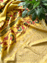 Tree of Life Theme Pattu Silk Kalamakari Saree in Yellow Colour