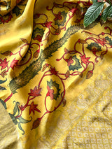 Tree of Life Theme Pattu Silk Kalamakari Saree in Yellow Colour