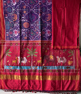 Exclusive Handloom Purple and Red Mulberry Silk Ikat Patola Saree with Animal Motifs