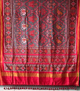 Distinct Handloom Teal and Red Mulberry Silk Ikat Patola Saree with Flora and Fauna