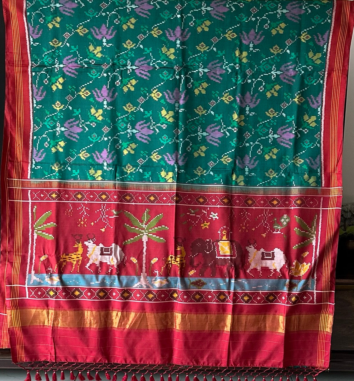 Evergreen Handloom Teal and Pink Mulberry Silk Ikat Patola Saree with Floral and Animal Motif