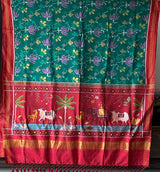 Evergreen Handloom Teal and Pink Mulberry Silk Ikat Patola Saree with Floral and Animal Motif