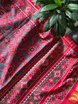 Elegant Handloom Teal and Red Mulberry Silk Ikat Patola Saree with Pan Bhat Motifs