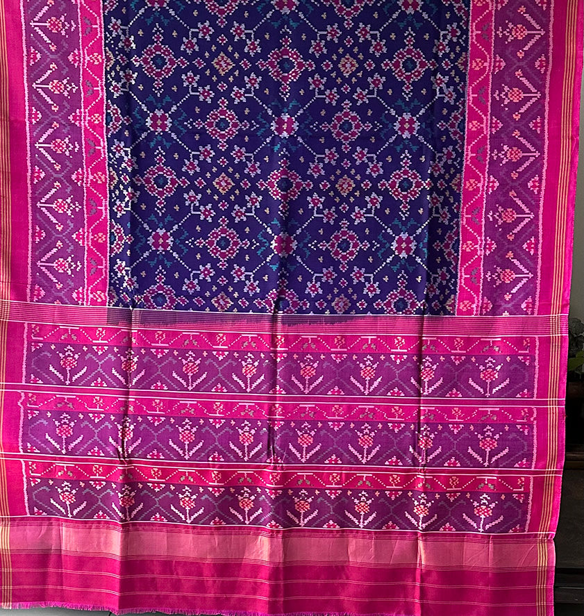 Exquisite Handloom Violet and Pink Mulberry Silk Ikat Patola Saree with Intricate Navratna Motif