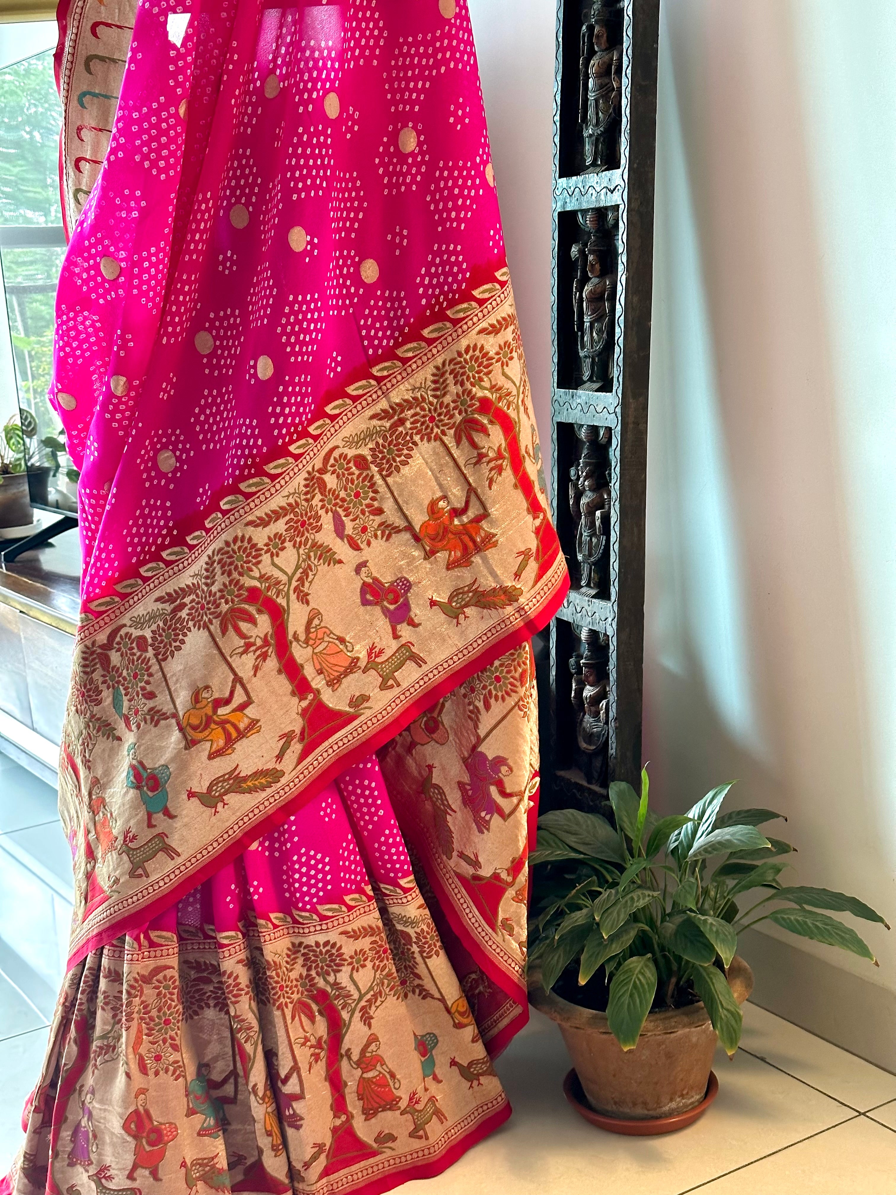 Handloom Pure Georgette Bandhani Saree with Beautiful Garden Theme Border