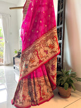 Handloom Pure Georgette Bandhani Saree with Beautiful Garden Theme Border
