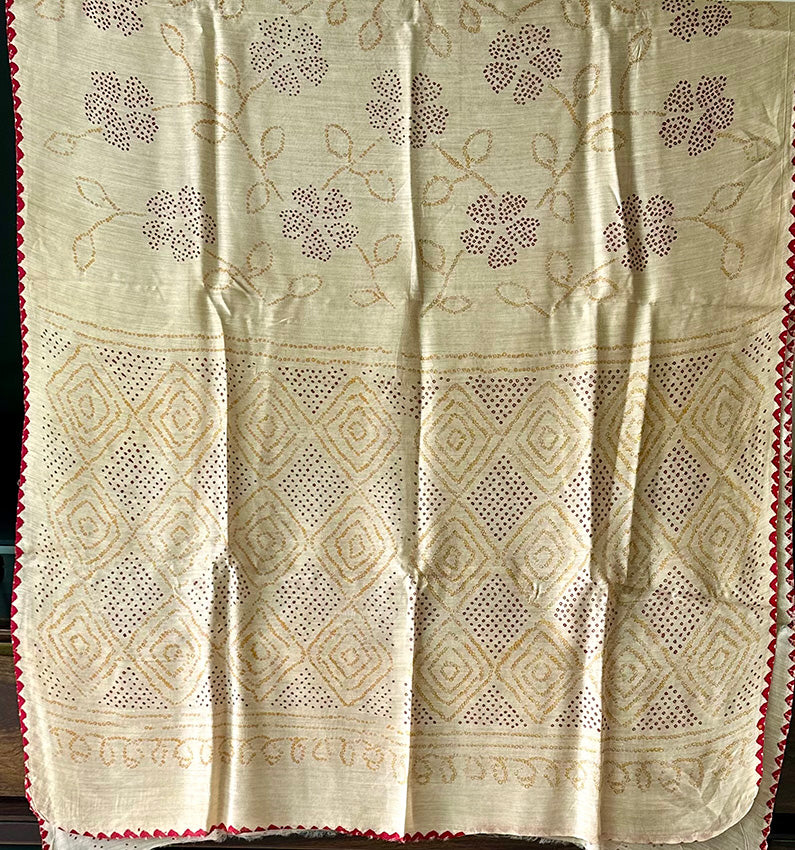 Beige Pure Munga Silk Bandhani Saree