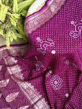 Purple Wine Colour Pure Banarsi Gerogette Bandhani Saree