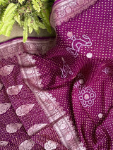 Purple Wine Colour Pure Banarsi Gerogette Bandhani Saree