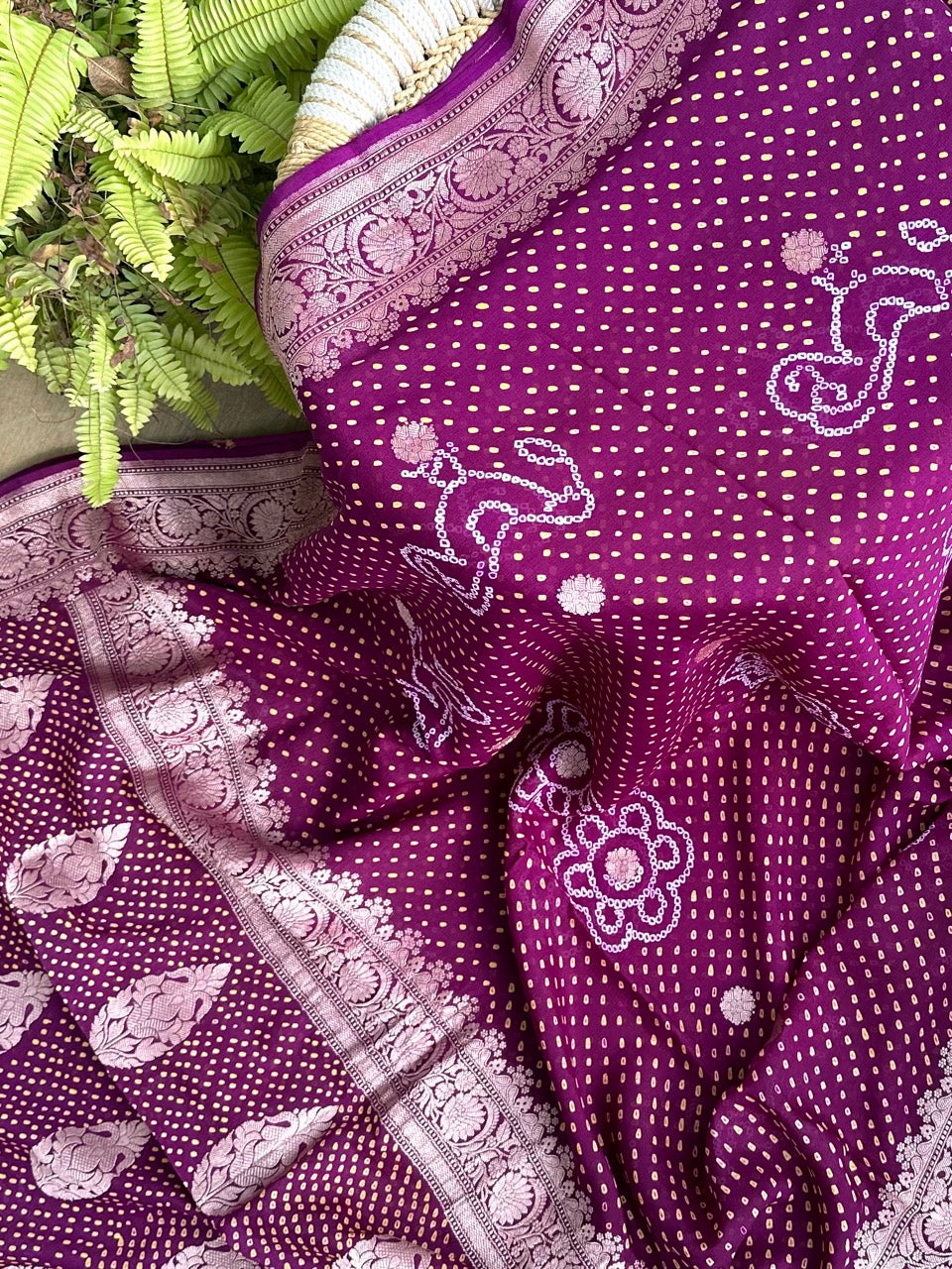 Purple Wine Colour Pure Banarsi Gerogette Bandhani Saree