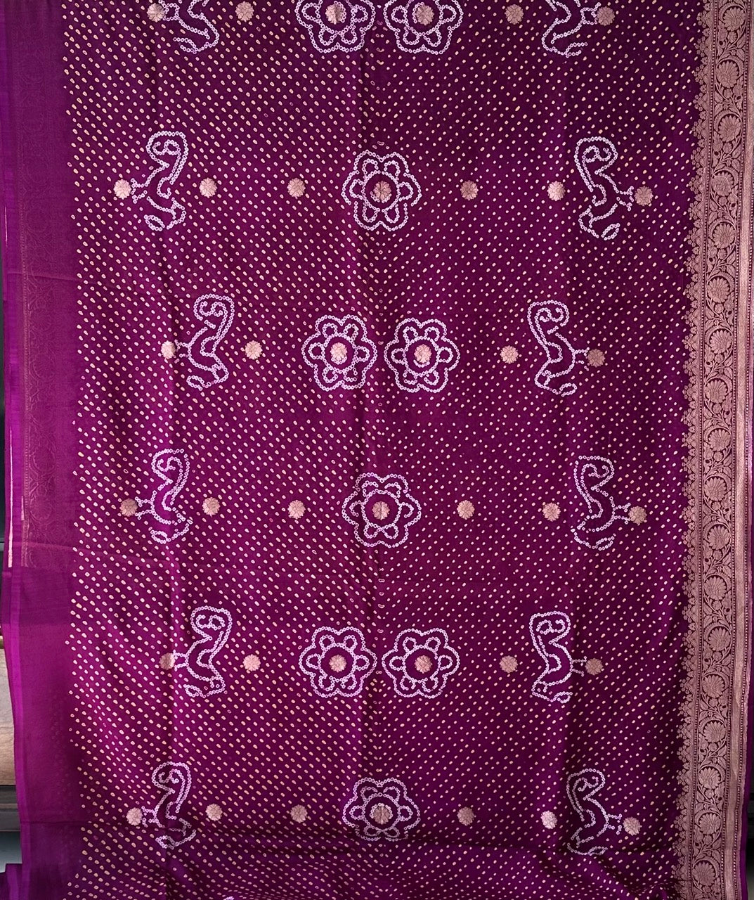 Purple Wine Colour Pure Banarsi Gerogette Bandhani Saree