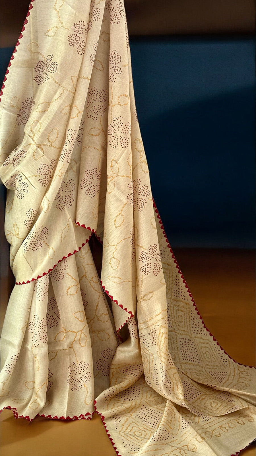 Beige Pure Munga Silk Bandhani Saree