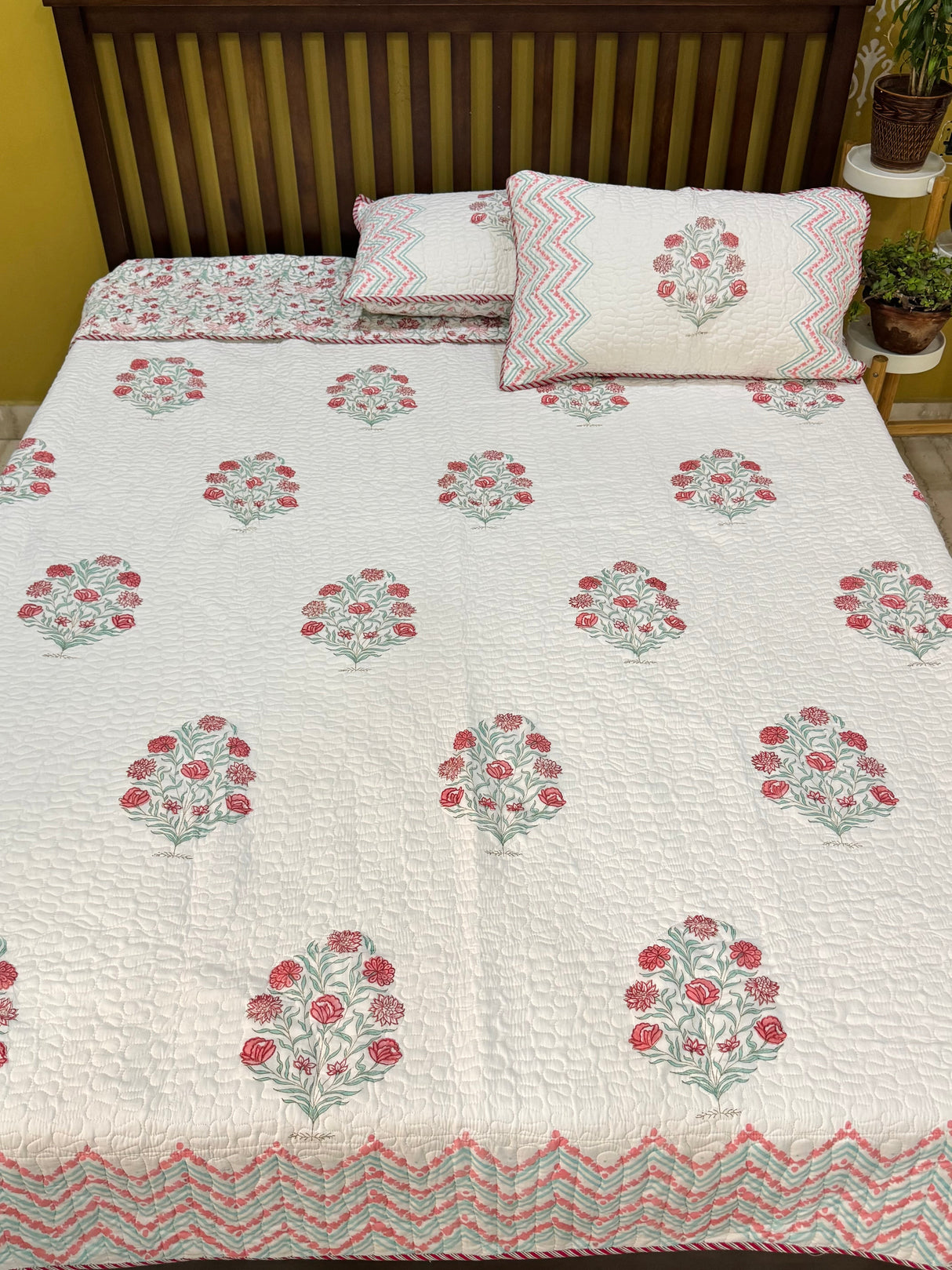 Breezy Bloom Queen Size Quilted Blockprint Reversible Mulmul Bedcover (90x108 inches)
