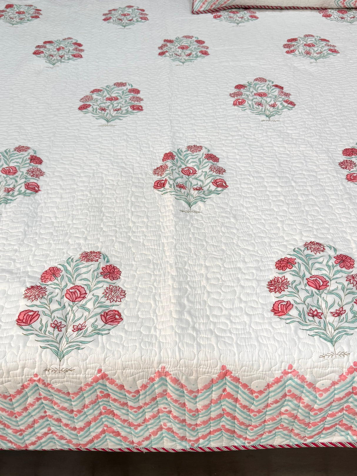 Breezy Bloom Queen Size Quilted Blockprint Reversible Mulmul Bedcover (90x108 inches)