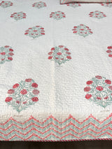 Breezy Bloom Queen Size Quilted Blockprint Reversible Mulmul Bedcover (90x108 inches)
