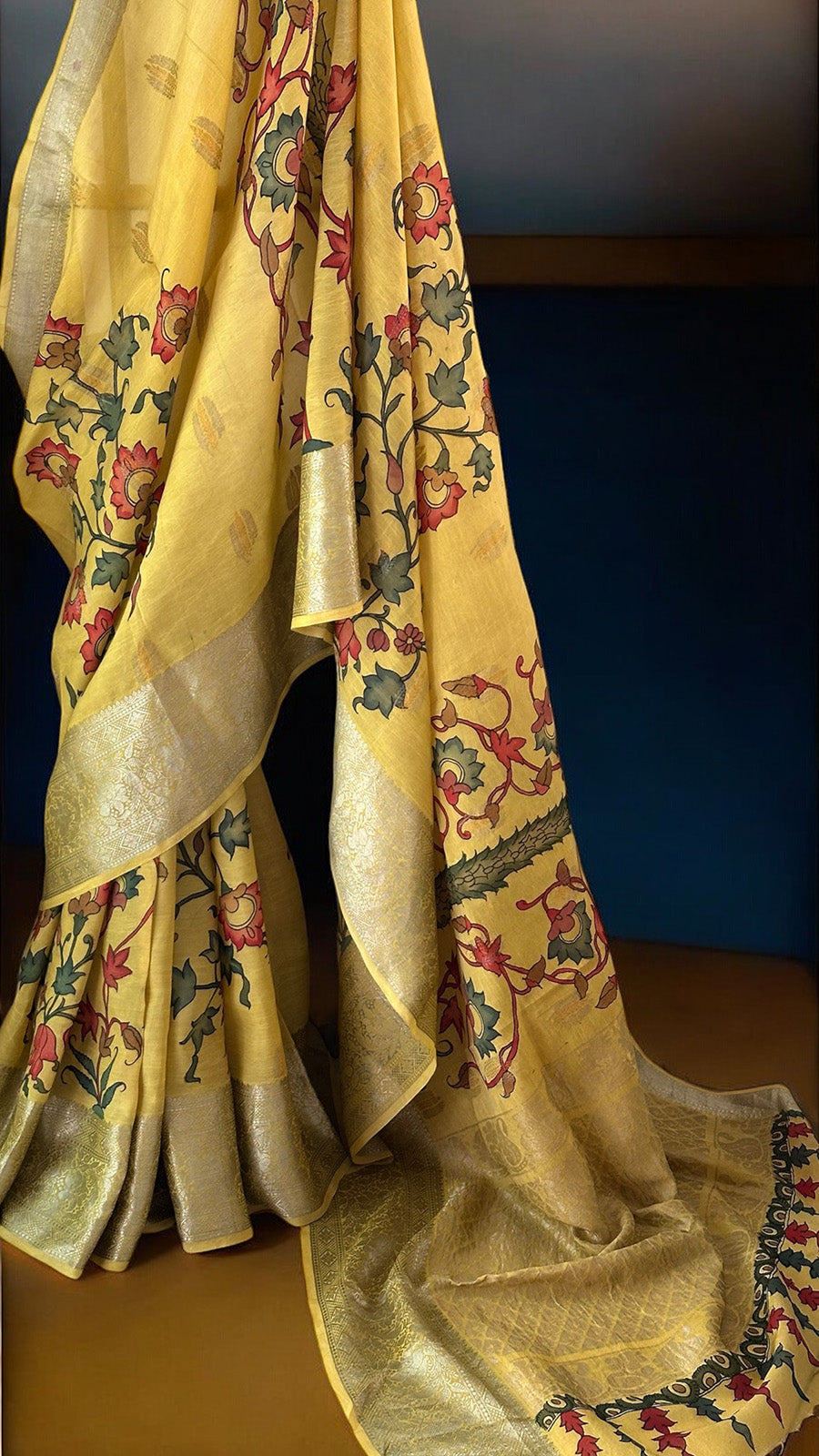 Tree of Life Theme Pattu Silk Kalamakari Saree in Yellow Colour