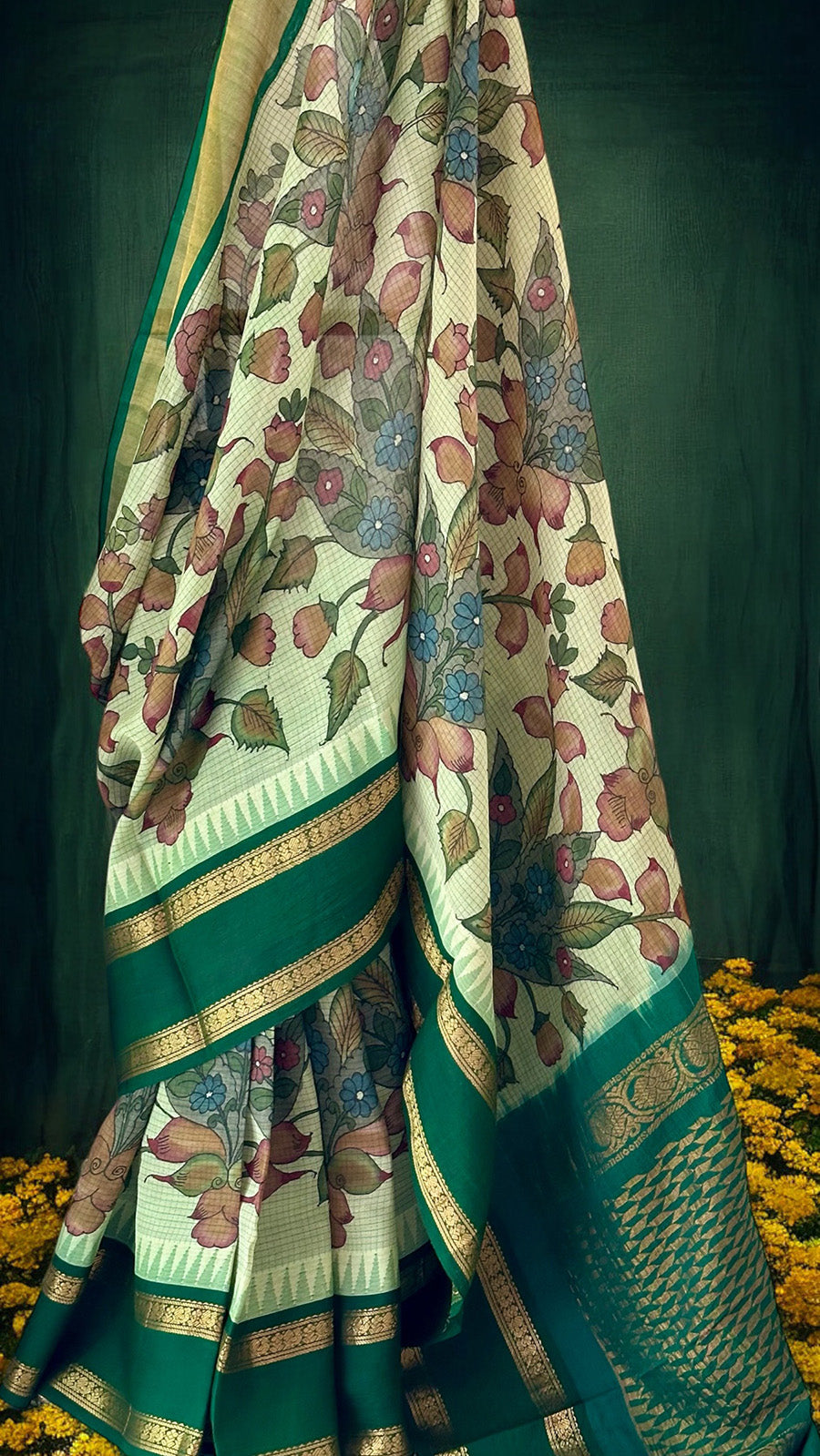 Handloom Cotton Silk Floral Kalamkari Saree