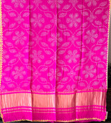 Hot Pink Floral Pure Gajji Silk Bandhani Saree