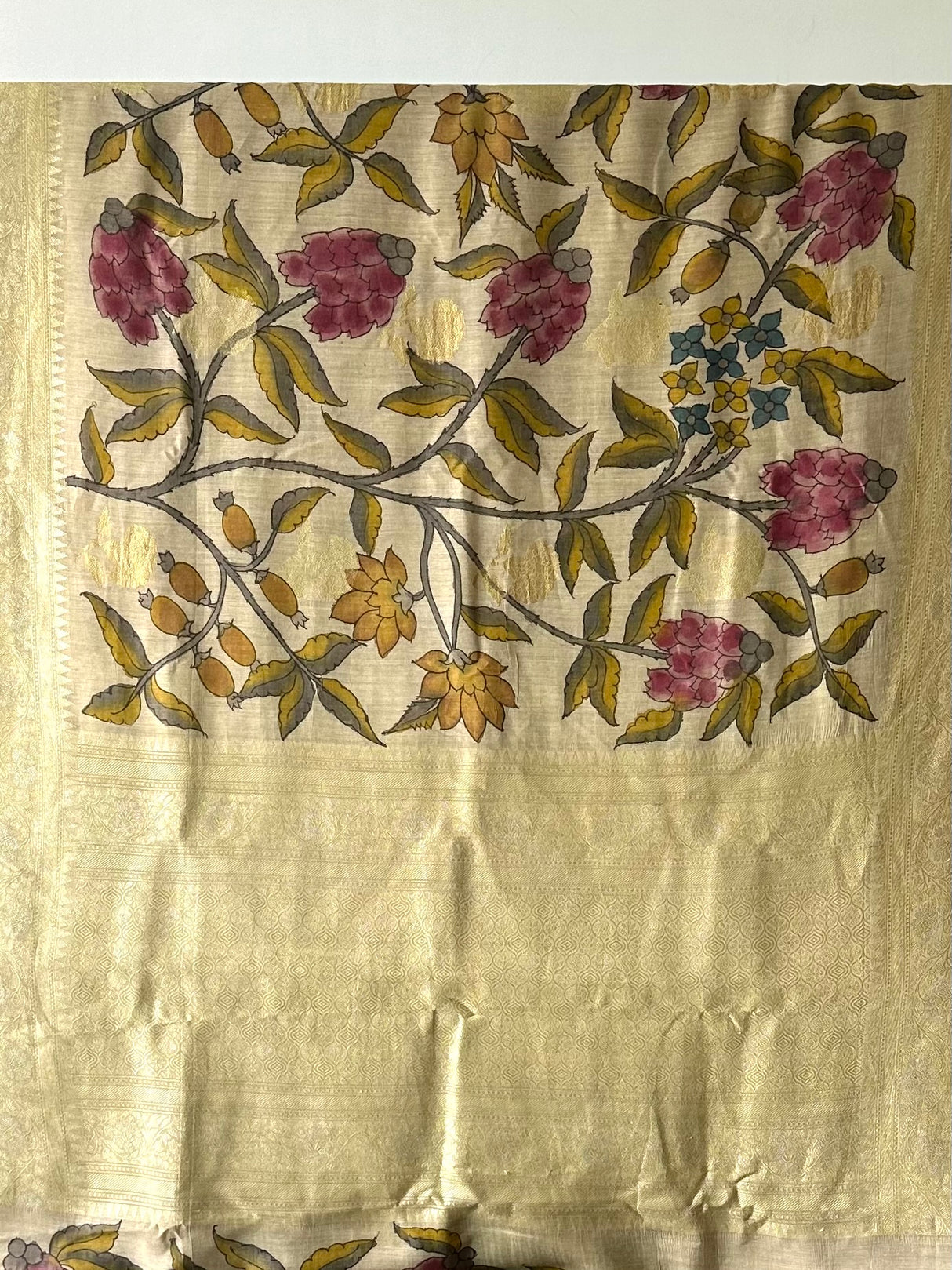 Floral Pure Banarsee Munga Silk Kalamkari Saree