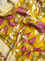 Yellow with a hint of Green Floral Pure Banarsee Georgette Kalamkari Saree