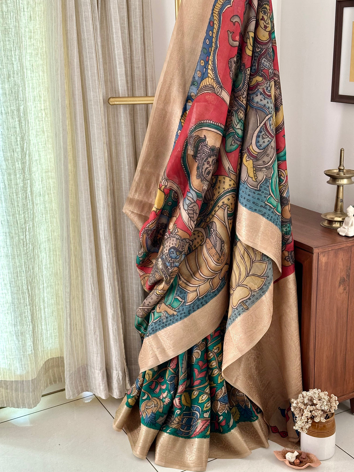 Dashavtaram Theme Pure Banarsi Munga Silk Kalamkari Saree