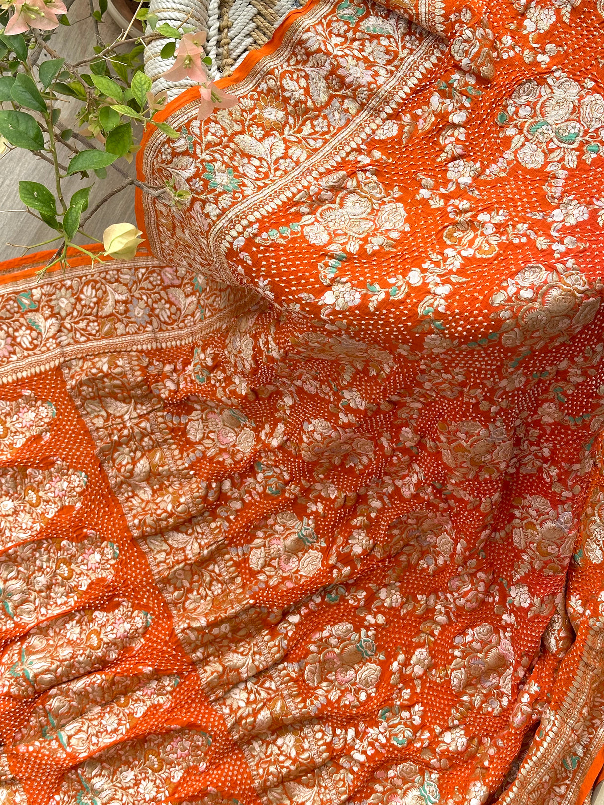 Dual Shade Orange Exclusive Handloom Pure Banarsi Georgette Bandhani Saree