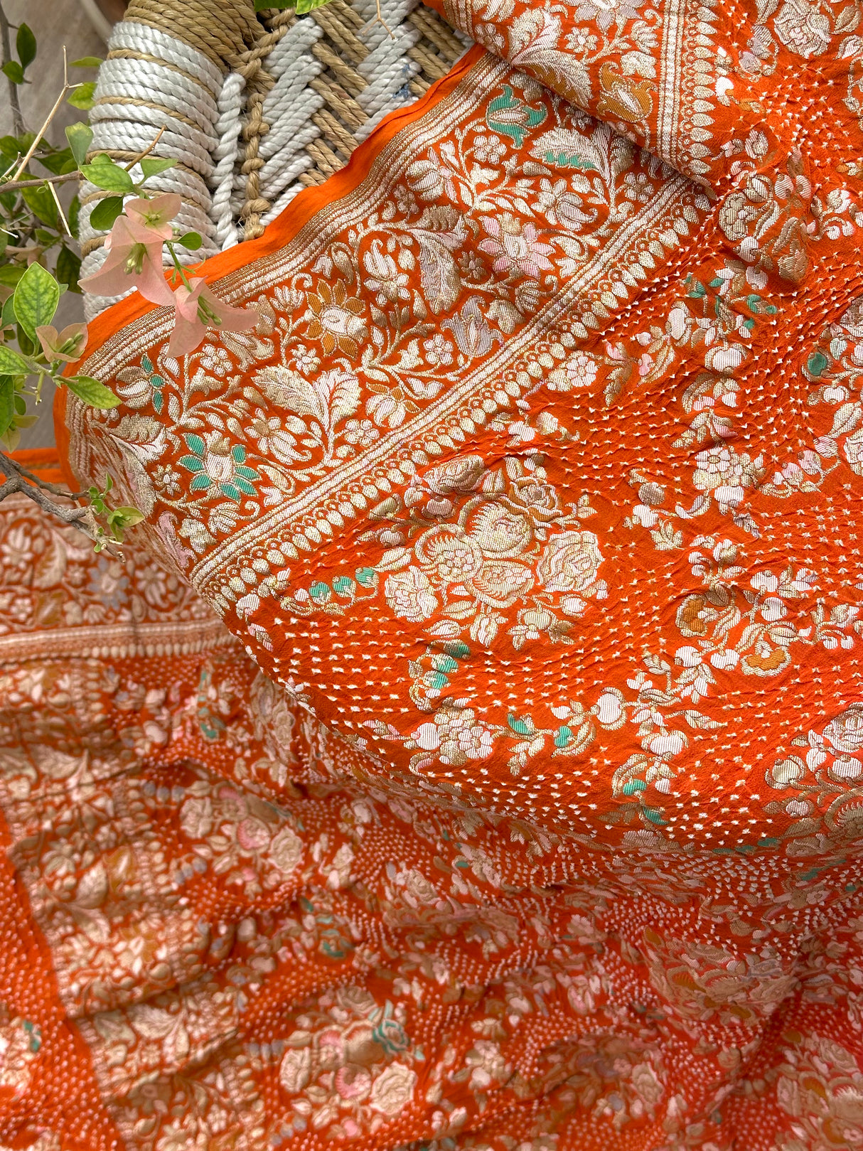 Dual Shade Orange Exclusive Handloom Pure Banarsi Georgette Bandhani Saree