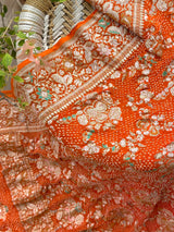 Dual Shade Orange Exclusive Handloom Pure Banarsi Georgette Bandhani Saree