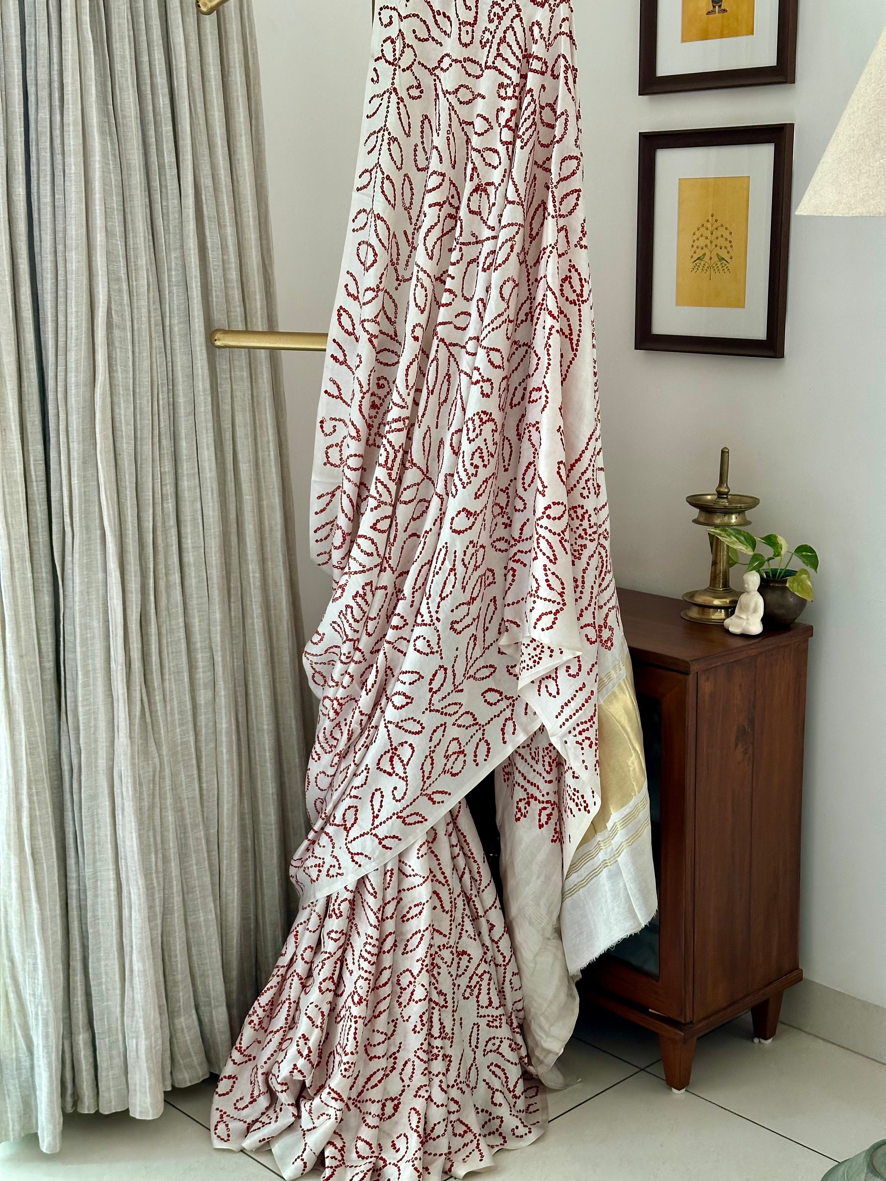 Ivory and Red Pure Gajji Silk Bandhani Saree